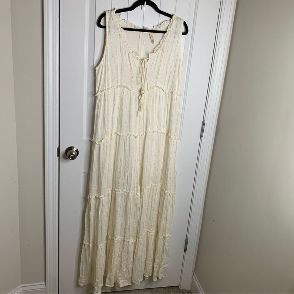 Anthropologie Raga white ivory tiered metallic striped wide leg jumpsuit large - Picture 3 of 12